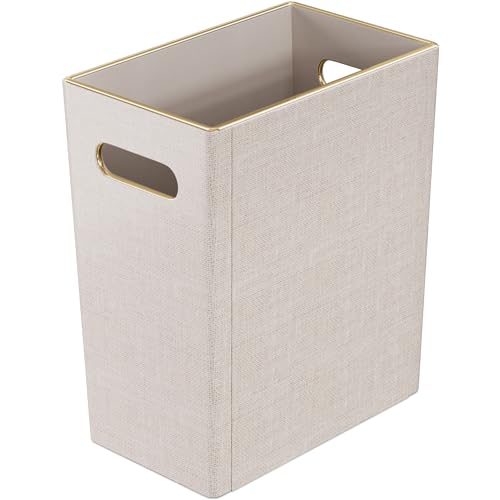 Beige White Trash Can Waste basket,3/4 Gallon Office Pu Leather