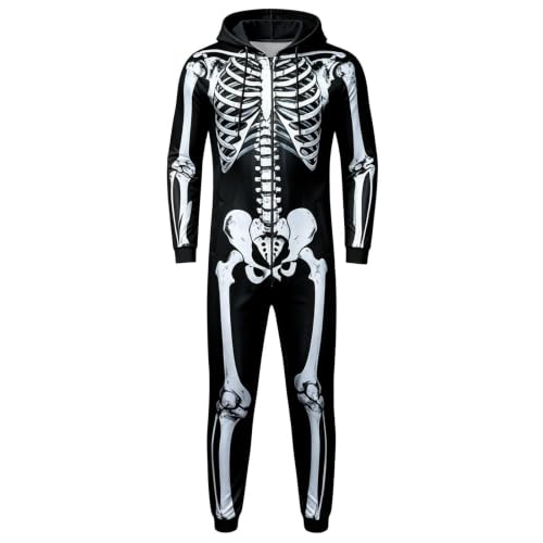 mens skeleton costume onesie adult，halloween costumes jumpsuit pajamas pj onesies，men's skeleton halloween costume adult unisex skull jumpsuit pajamas onesie cozy one piece cosplay party 01 Black S — view 3
