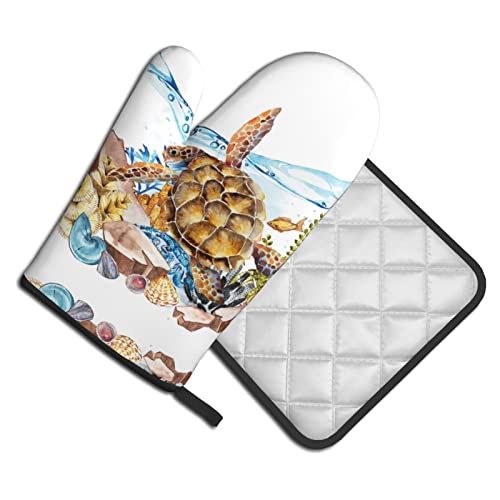 Sea Turtle Oven Mitts Pot Holders Set,2-Piece Set, Heat Resistant Waterproof Gloves For Kitchen Cooking, Baking, Bbq #TOP5