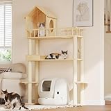 Homiflex Wood Cat Tower for Automatic Litter Box, 60.2' H Tall Cat Tree for Self Cleaning Litter Box, Multi-Level Solid Wood Cat Tree Tower Cat Furniture w/Scratching Post, House, Burlywood