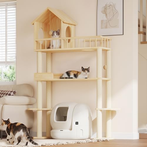 Homiflex Wood Cat Tower for Automatic Litter Box, 60.2' H Tall Cat Tree for Self Cleaning Litter Box, Multi-Level Solid Wood Cat Tree Tower Cat Furniture w/Scratching Post, House, Burlywood