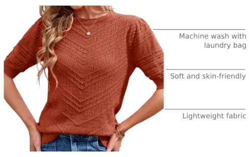 Image of Womens Puff Short Sleeve Sweater Summer Crew Neck Ribbed Knit Pullover Tops