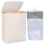 150L Laundry Basket with Lid, Large Laundry Hamper with Bamboo Handle, Collapsible Dirty Clothes Hamper Organizer with Removable Inner Bag for Clothes Toys Towels - Beige
