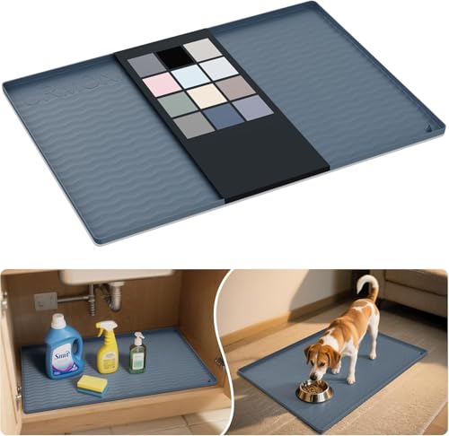 Image of URMONA Waterproof Silicone Under Sink Mat 28'' x 19'' Shelf Liner for Kitchen and Bathroom, Cabinet and Counter Protector, Storage and Organizers, Litter Mat, Pet Cat Puppy Essentials(Dark Grey)