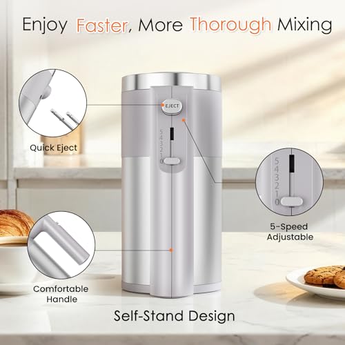 Powerful 600W Hand Mixer, 5-Speed Electric Hand Held Mixer for Baking, Lightweight Stainless Steel Hand Beaters *2 & Dough Hooks*2 with Eject Button, Kitchen Mixer for Cream, Cookies, Dough-Grey