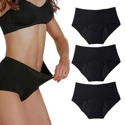 GJXWD Pack de 3 Bragas Menstruales Mujer Cintura Alta Braga Menstrual Algodón Ropa Interior Protección Algodón Suave Y Cómodo Lavable Y ReutilizableBlack,L