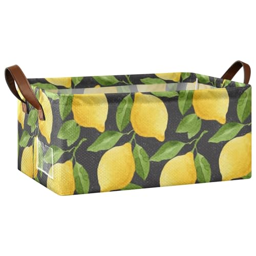 Fygkptb Bright Yellow Watercolor Lemons and Green Leaves Seamless on Black 1 PC Rectangle Foldable Frame Basket Leather Handles Storage Bin for Laundry Bathroom Organizer 16.9 x 11.4 x 7.7 inch