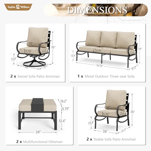 Sophia & William Patio Furniture Sets for 7 Outdoor Conversation Set 7 Pcs with 2 x Swivel Chairs, 2 x Armrest Sofa Chairs, 1 x 3-Seat Sofa, 2 x Ottomans for Coffee Garden Backyard Poolside Beige