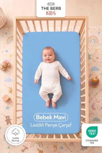 %100 Pamuk Penye Lastikli Bebek Çarşafı, Park Yatak, Beşik, Anne Yanı, 60x110,60x120,70x110,70x120,70x130,80x130,70x140, Bebe Mavisi