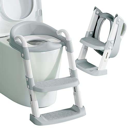 Simpleoa Potty Training Toilet Seat with Step Stool Ladder for Boys and Girls Baby Toddler Kid Children Toilet Training Seat Chair with Handles Padded Seat Non-Slip Wide Step (Grey)