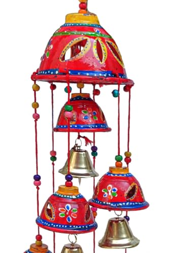 Image of Bindian Rajasthani Handcrafted 8-Bell Hanging Windchimes | Traditional Plastic Latkan for Home Decor, Vastu & Positive Energy | Elegant Wall Hanging for Balcony, Living Room (Red-2)