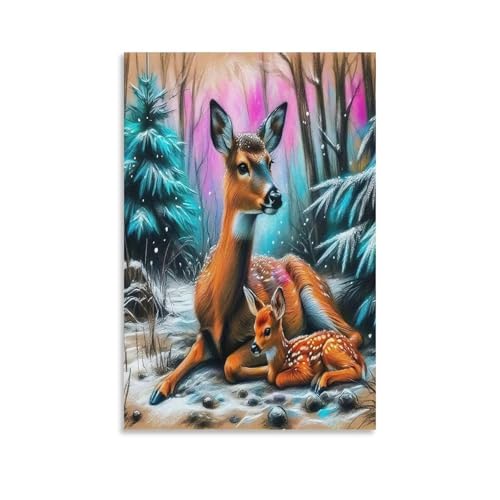 DFENILROP Ciervo de Invierno Acogedor Cuadro De Pared, Madre y Bebé Poster Obra Arte Colgado | Impresión Lienzo Murales, Único Pintura Decor De Hogar Para Dormitorio Pasillo Regalo 08x12inch(20x30cm)