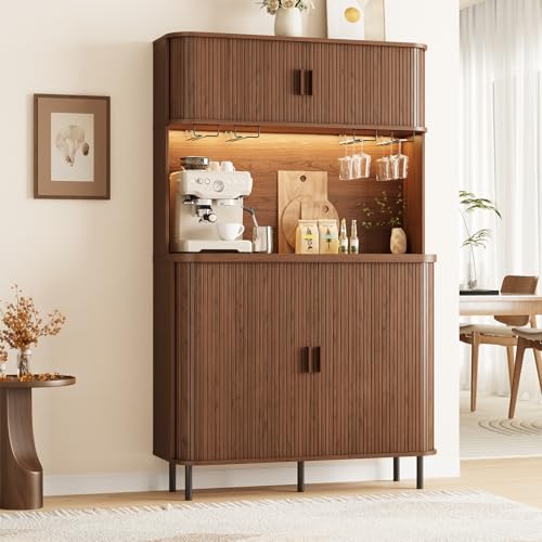 ONBRILL 71" Tall Wine Bar Cabinet with Storage, Fluted Wood Coffee Bar Cabinet with LED Lights, Modern Liquor Cabinet for Home with Wine Glass Racks, Large Home Bar for Living Room Kitchen