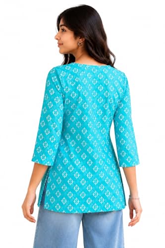 Image of Women Ikat Print Short Kurti Top,Cotton Blend Casual Ethnic Kurta for Women, Stylish Office Kurti Tunic,Lightweight Printed Short Kurti Kurti for V Nack Kurti