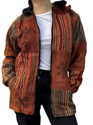 Image of hamrohemp Handmade Patchwork Cotton Inner Fleece Unisex Hippie Jackets with Hoodie (Orange)