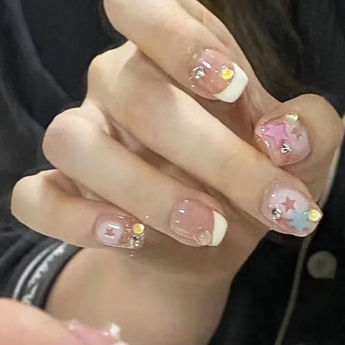 24PCS Short Square False Nails - Fake Nails for Kids - 12 Sizes Funny Cute Press on Nails - Glue on Nails with Diamond Mermaid Bubble Beads - Full Cover Stick on Nails for Women Girls Daily Wear - Image 2