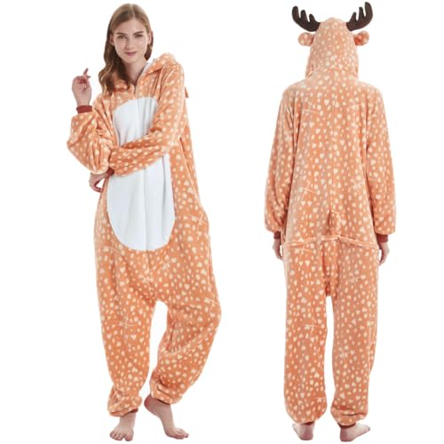 Muufuuser Unisex Adult Cosplay Animal Onesie Halloween Costume Christmas One Piece Pajamas Sleepwear for Women Men Yellow (US Alpha Small Regular Short)