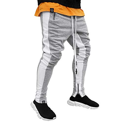 Mens Tracksuit Set Full Zipper Patchwork Hoodie Hip Hop Premium Slim Fit Track Jogger Pants with Side Taping (L, Pants Zipper Grey-White)