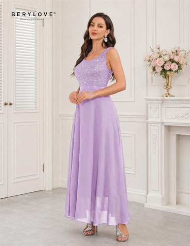 Image of BeryLove Sequin Dress for Woman Vintage A Line Wedding Formal Swing Mesh Dress Sleeveless Cocktail Maxi Gowns