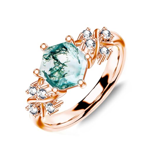 925 Sterling Silver Hexagon Natural Moss Agate Ring with CZ for Women infinity Promise Engagement Rings Jewelry for Wife Her