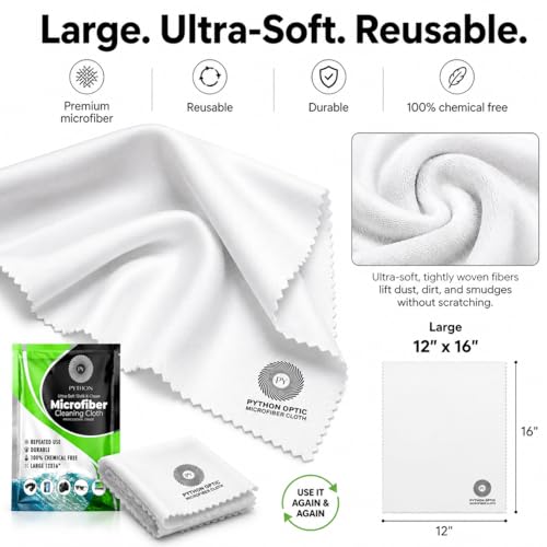 Image of Python Proflow Large Microfiber Lens Cloth Made with Ultra-Soft Nonabrasive Material to Clean & Protect Rifle Scopes, Monoculars, Telescopes, Binoculars and Glasses from Dust, Scratches, Oil & Liquids | Premium 12x16 in low-lint cloth for OLED and QD-OLED monitors, TVs, lenses