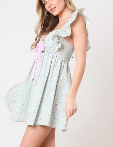 Image of NUFIWI Y2K Ruffle Hem Babydoll Mini Dresses Square Neck Spaghetti Strap Short Dresses Boho Flowy Patchwork Sundress Vocation