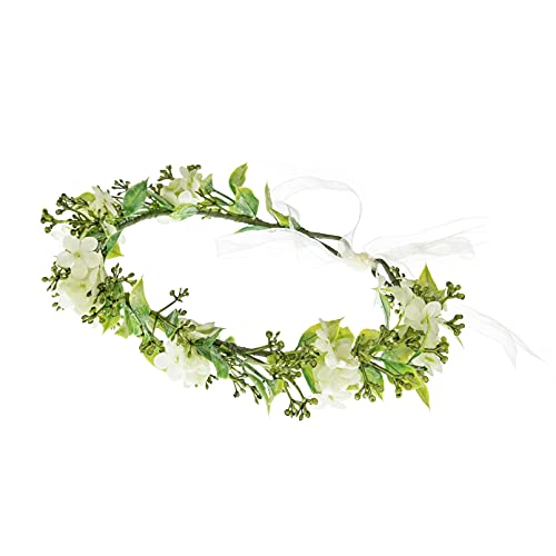 Floral Fall Artificial Baby Breath Flower Halo Wedding Crown Pink Bridal Headpiece Greenery Crown HC-24 (White Green leaf) - Thumbnail 3