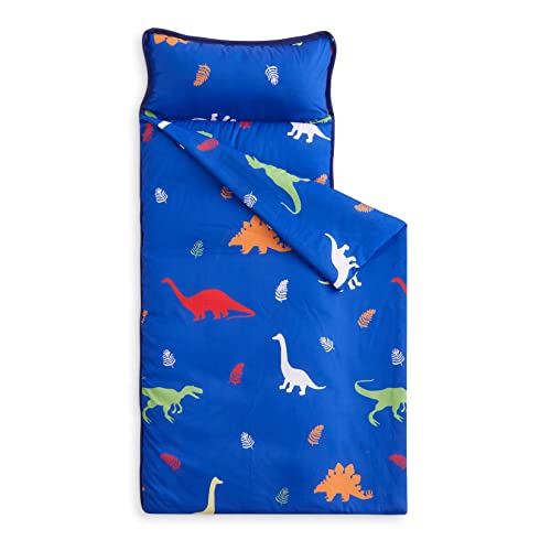 Wake In Cloud – Toddler Nap Mat with Pillow and Blanket, for Kids Boys Girls in Daycare Preschool Kindergarten, Cute Soft Roll Up Sleeping Bag, Colorful Dinosaur Blue, Standard Size