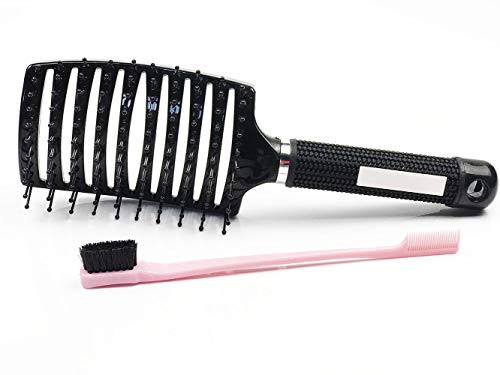 2 Pieces Curved Vented Styling Hair Brush For Men & Women with Edge Brush Double Sided Hair Comb Wet Brush Fast Dry Detangling Hair Brush Massage Brush Barber Hairdressing Styling Brush (Black)