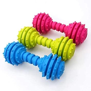 Petlicious & More 100% Non Toxic Rubber Puppy Toy Spike Dumbbell with Bell Chew Toy Teething Toy (Spike Dumbbell with Bell, Color May Vary)