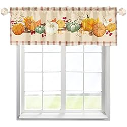 MYSLC Cortina de bistró para ventana corta, otoño, calabazas, piñas de pino a cuadros, día de Acción de Gracias, cortina corredera, cortina de cocina, cortinas de tratamiento para cocina, 137 x 45 cm