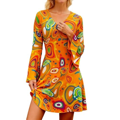 Damen 70er Jahre Hippie Kostüm Kleid Flower Power Retro V-Ausschnitt Minikleid mit Schlagärmeln Bunt Disco Outfit für Karneval Fasching Mottoparty