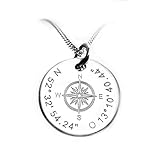 kettenanhänger gravur  Runder Kompass - Anhänger mit Silberkette, Koordinaten Kette mit Gravur, Reiseschmuck