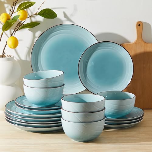 Sweese Porcelain Dinnerware Sets for 6, 18 Pieces Ceramic Plates and Bowls Sets, Handcrafted Minimalist Dinner Set, Chip and Scratch Resistant Dish Set, Dishwasher & Microwave Safe, Gradient Blue