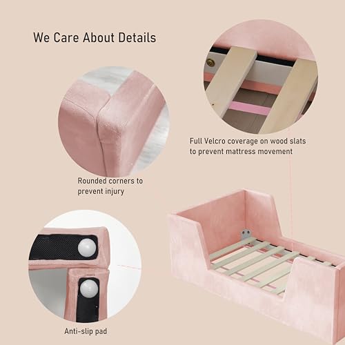 allamazing Toddler Bed, Toddler Floor Bed Frame with Guard Rails, Kids Beds for Ages 2-6 Years, Small Bed for Kids Girls and Boys, Standard Crib Mattress Toddler Beds, Certified Fabric Beds