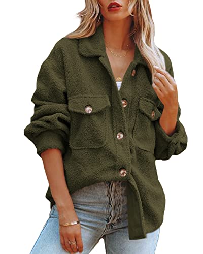 Reachme Womens Sherpa Fleece Jacket Button Down Shirt Jacket Long Sleeve Shacket With Pockets Lapel Coat(Army Green,S) #TOP16