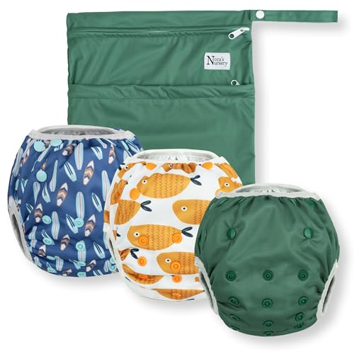 Nora's Nursery Reusable Swim Diapers and Wet Bag - One Size Fully Adjustable - Harbor Hues Unisex 3 Pack with Wet Bag