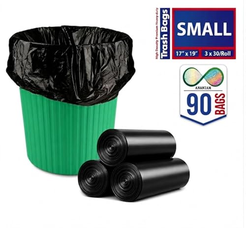 Image of Small Black Garbage Bags 17x19 Inch Trash Bags for Dry & Wet Waste, 90 Bags (3 Roll)