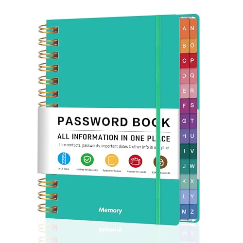 Spiral Password Book with Alphabetical Tabs - 5.8' X 8.2' Small Password Keeper Book with Inner Pocket for Seniors , Large Print, Hardcover, 450 Logins – Internet Password Organizer Notebook for Home & Office Use