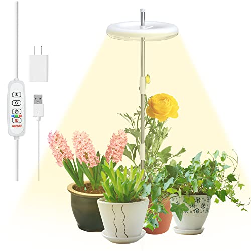 Grow Lights for Indoor Plants, Full Spectrum LED Plant Grow Light, Height Adjustable Grow Lamp 3 Colors Halo Grow Lights with 10 Dimmable Brightness and Auto Timer, Ideal for Small Plants Growing