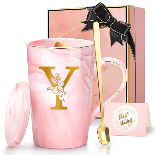 Coffee Mugs - Birthday Gifts for Women, Personalized Initial Customized Mug Tea Cup with Lid 14 Oz Pink, Spoon Greeting Card, Luxury Gift-Boxed Christmas Gift for Her Wife Mom Grandma Friend Unique,Y