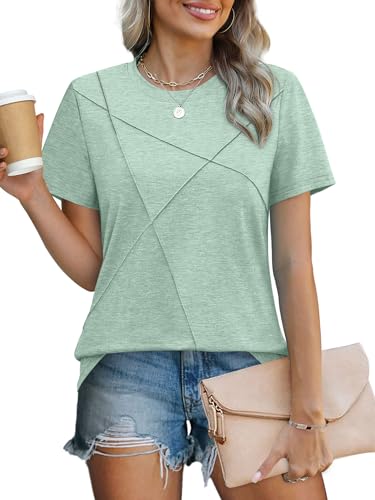 Image of XIEERDUO Womens Summer Tops 2026 Pleated Round Neck Short Sleeve Shirts Business Casual
