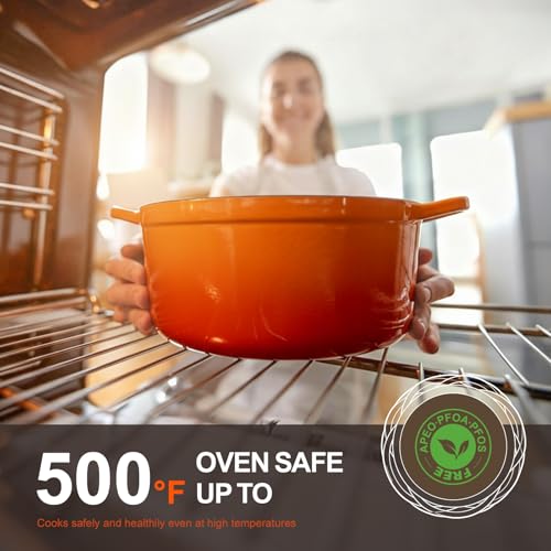 Image of Overmont Enameled Cast Iron Dutch Oven - 5.5QT Pot with Lid Cookbook & Cotton Potholders - Heavy-Duty Cookware for Braising, Stews, Roasting, Sourdough Baking Orange
