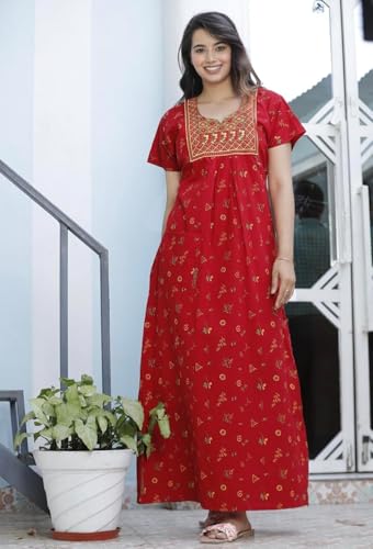 Image of DIAMO Pure Cotton Embroidery Nighty for Women, Cotton Night Gown, Night Maxi Gown, Cotton Nighty with a Pocket and Adjustable Knot