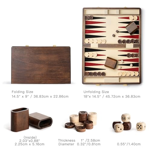 Lingle 36,83 cm Premium Natur-Walnuss Backgammon-Set, Enthält 30 Kunsthorn-Damen, 2 Walnuss-Würfelbecher und 5 Holz-Würfel, Klassisches Zwei-Spieler-Strategiebrett