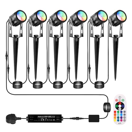 ECOWHO Garden Spot Lights Mains Color Changing Outdoor Spotlight Waterproof 20m Extendable Cable Xmas Landscape Lights Plug-in Outside 12v Timer Memory Remote(Wall/Spike Mounted, Cool White&RGB)