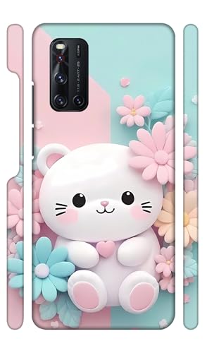 Image of White Kitty Flowers Designer Printed Hard Back Cover for Vivo V19 Attractive and Uniquely Crafted Smartphone Case