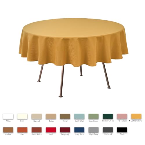 Image of maxmill Round Weaved Texture Design Tablecloth Spill-Proof Wrinkle Free Soft Washable Table Cloth for Circular Table Cover, for Dining Room Banquet Parties Holiday Dinner, 90 Inch Ochre Yellow