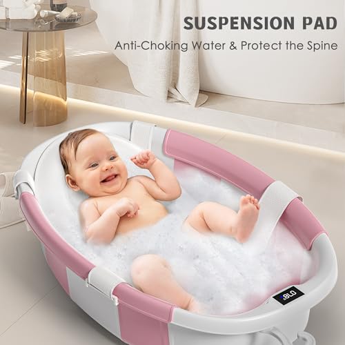 Collapsible Baby Bathtub for Newborn to Toddler 0-36 Months,Spacious Foldable Infant Bath Tub with Thermometer,Cushion & Drain Hole,Portable Travel Tub, Baby Shower Gift Pink - Thumbnail 6