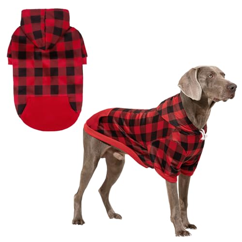 KOOLTAIL Plaid Dog Hoodie Pet Clothes Sweater with Hat and Pocket for Small Medium Large Size Dogs, Soft Winter Warm Dog Cold Weather Coat, Fleece Fall Dog Hooded Sweatshirt for Puppy Cats, Red XL